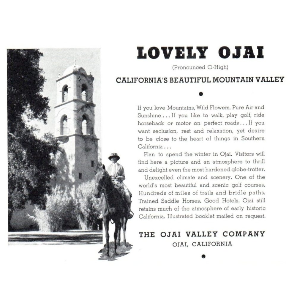 1934 Ojai California Tourism Vacation Vintage Print ad Horseback Tower Wall Art
